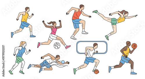 Athletic individuals in action collection illustrative of sports and exercise vector set