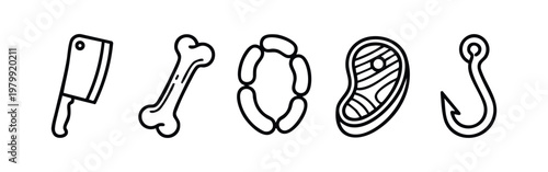 Line art butcher and food icons: cleaver, bone, sausages, steak, hook