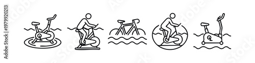 Line art fitness icons: exercise bike, person on bike, bicycle, water