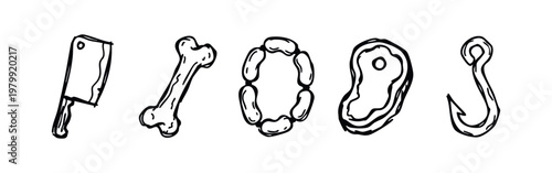 Butcher and food icons: cleaver, bone, sausages, steak, hook
