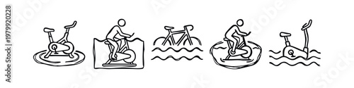 Fitness icons: exercise bike, person on bike, bicycle, water