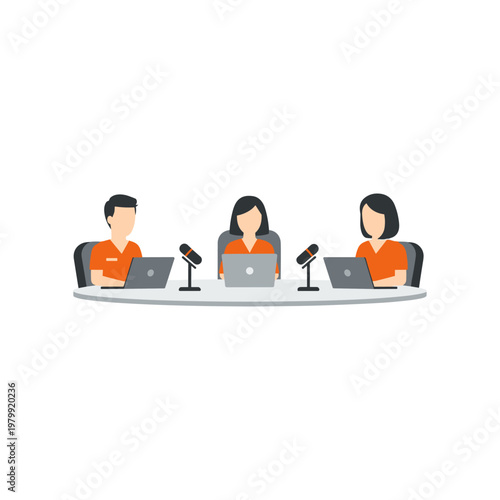 Three professionals participating in an online video conference or podcast recording session.
