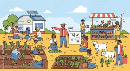 Community farming scene with diverse people crops market solar panel house and windmills