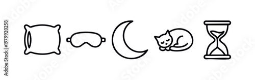 Line art sleep and rest icons: pillow, sleep mask, moon, sleeping cat, hourglass