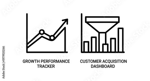 Growth performance tracker and customer acquisition dashboard icons