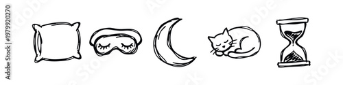 Sleep and rest icons: pillow, sleep mask, moon, sleeping cat, hourglass