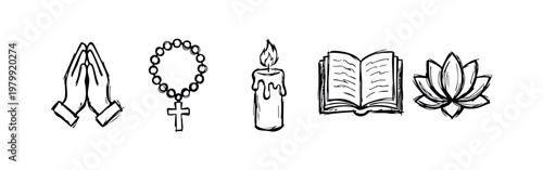 Religious and spiritual icons: praying hands, rosary, candle, book, lotus