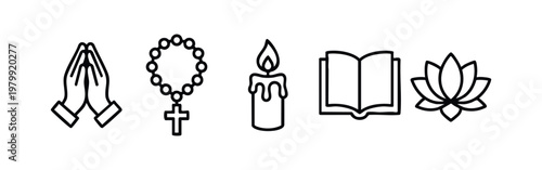 Line art religious and spiritual icons: praying hands, rosary, candle, book, lotus