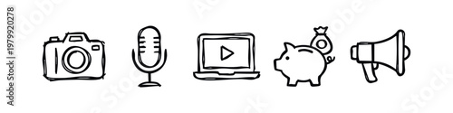 Digital and finance icons: camera, microphone, laptop, piggy bank, megaphone