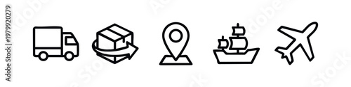 Line art logistics and transport icons: truck, package, map pin, ship, airplane