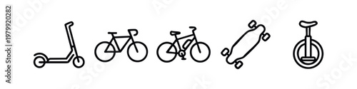 Line art icons of transportation: scooter, bicycles, skateboard, unicycle