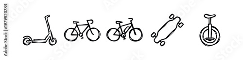 Personal transport icons: scooter, bikes, skateboard, unicycle