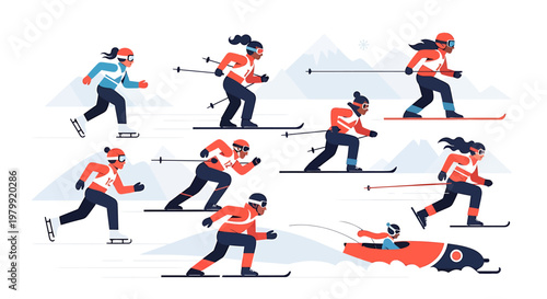 Athletic competition winter sports illustration diverse individuals participating ice skating skiing bob sledding snow mountains
