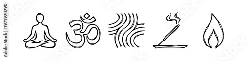 Yoga and meditation icons: person meditating, om symbol, waves, incense