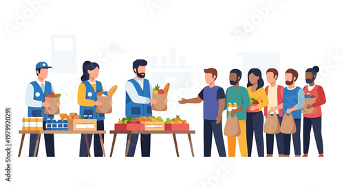 Community food distribution event with volunteers providing resources to a diverse group of people