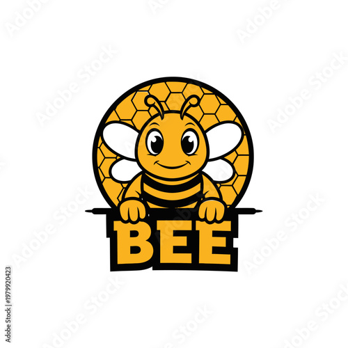 Cute cartoon bee character with honeycomb background and BEE text.