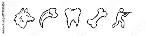 Hand-Drawn Icons Related to Wild Animals and Hunting