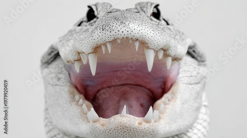 Close-up of white alligator showing sharp teeth in open mouth with intense expression