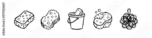 Cleaning Tools Icons: Sponge, Bucket with Sponge, Soapy Sponge, Loofah