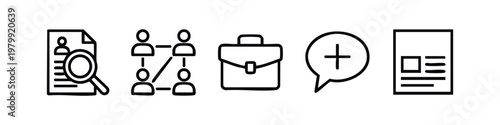 Business and Document Icons: Magnifying Glass, Org Chart, Briefcase, Plus Symbol, Document (Outline)