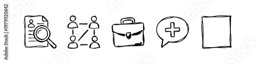 Business and Document Icons: Magnifying Glass, Org Chart, Briefcase, Plus Symbol, Document
