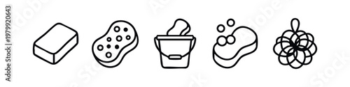 Cleaning Tools Icons: Sponge, Bucket with Sponge, Soapy Sponge, Loofah (Outline)