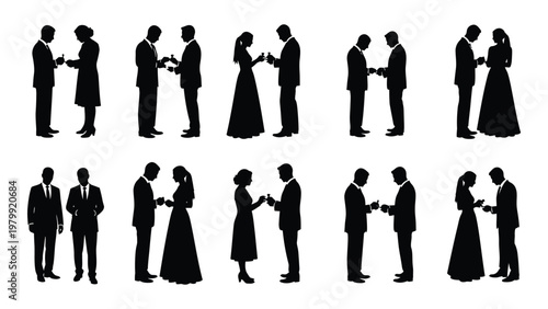 A collection of black silhouette images depicting couples shaking hands and embracing likely representing relationships or agreements high quality professional detailed
