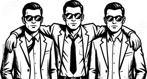 Three men in suits and sunglasses standing together