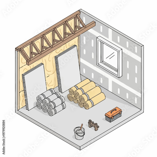 Construction materials and tools inside a room under renovation.