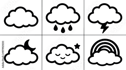 Black and white vector icons of clouds with rain lightning and rainbow