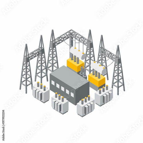 Electrical substation with transformers and power lines.