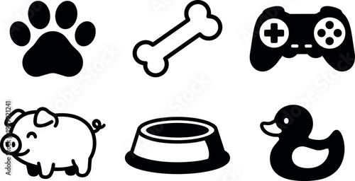 Black and white pet icons of paw bone game controller pig food bowl and duck