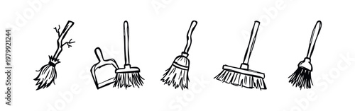 Hand-Drawn Cleaning Tools: Brooms, Dustpan