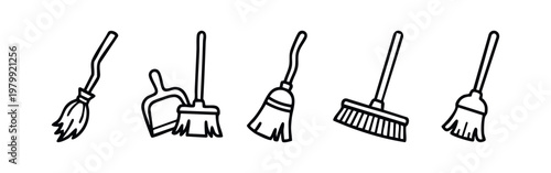 Collection of simple hand-drawn brooms and dustpan, black outlines on white.