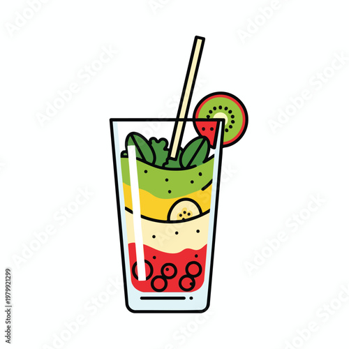 Colorful Fruit Smoothie in Tall Glass with Fresh Fruit Garnish