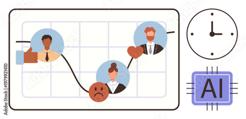 Workforce analytics, emotional tracking, decision-making, AI trends, HR optimization, and time management. Graph with faces, clock chip and reactions. Workforce analytics and emotional tracking