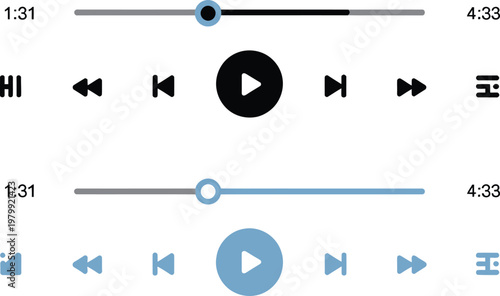 Media player navigation icons and progress bars for mobile application and desktop software user interface