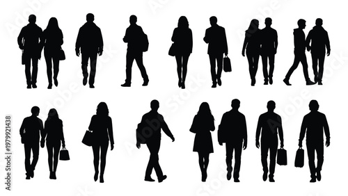 A collection of black silhouettes depicting diverse groups of people walking including couples and individuals with bags high quality professional detailed