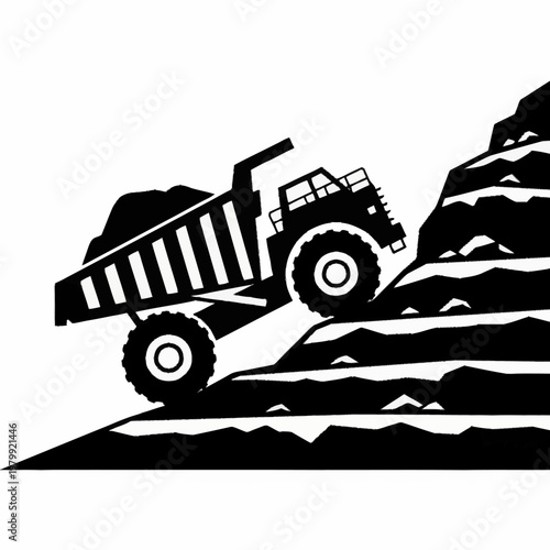 Heavy-duty dump truck silhouette climbing a steep incline with a full load of material.