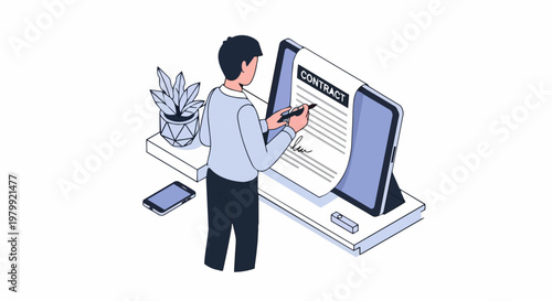 Isometric Vector Illustration of a Man Signing a Digital Contract on a Tablet with E-Signature, Modern Paperless Office and Legal Agreement Concept