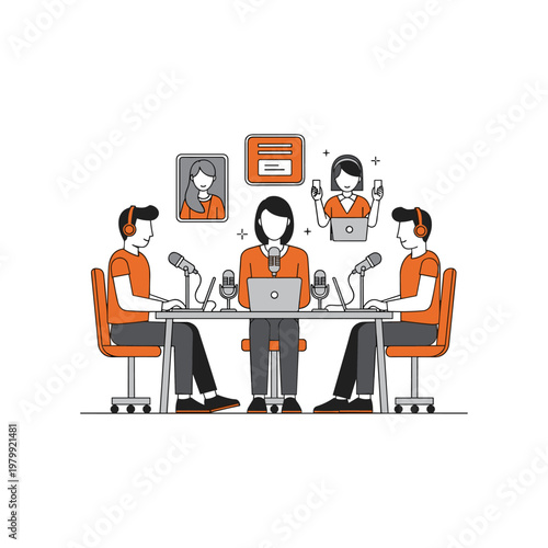 Three people participating in a virtual and in-person podcast recording session together