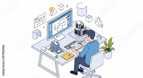 Professional Architect Designing Building Project on Computer and Tablet in Isometric Office Workspace Illustration