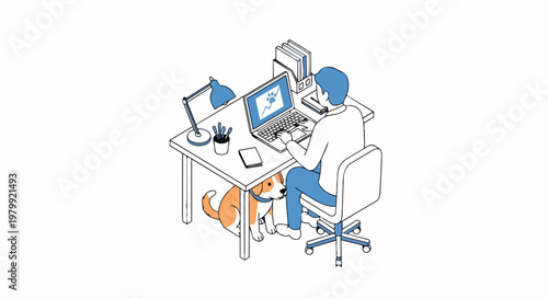 Isometric Illustration of Man Working in Home Office with Pet Dog for Veterinary and Pet Business Concept