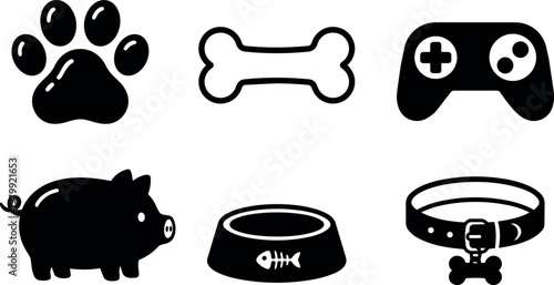 Black and white pet icons with dog paw bone collar pig food bowl game controller