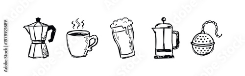 Doodle Icons: Moka Pot, Coffee Mug, Beer Mug, French Press, Tea Infuser