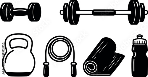 Black and white gym equipment icons with dumbbell barbell kettlebell jump rope mat and water bottle