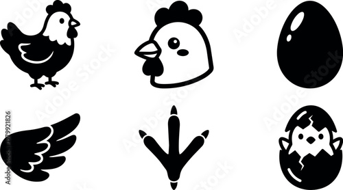 Black and white chicken and egg icons with wing foot and chick hatching