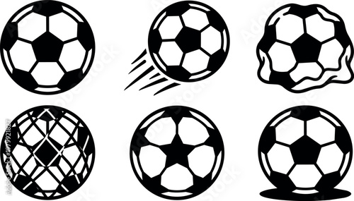 Black and white soccer balls six styles including motion and net caught ball vector art