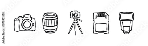 Doodle Icons: DSLR Camera, Lens, Tripod, SD Card, Speedlight
