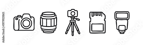 Icon Set: DSLR Camera, Camera Lens, Tripod, SD Card, Speedlight Flash
